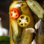 A close-up of store-bought pickles spicy in a glass jar with peppers and herbs