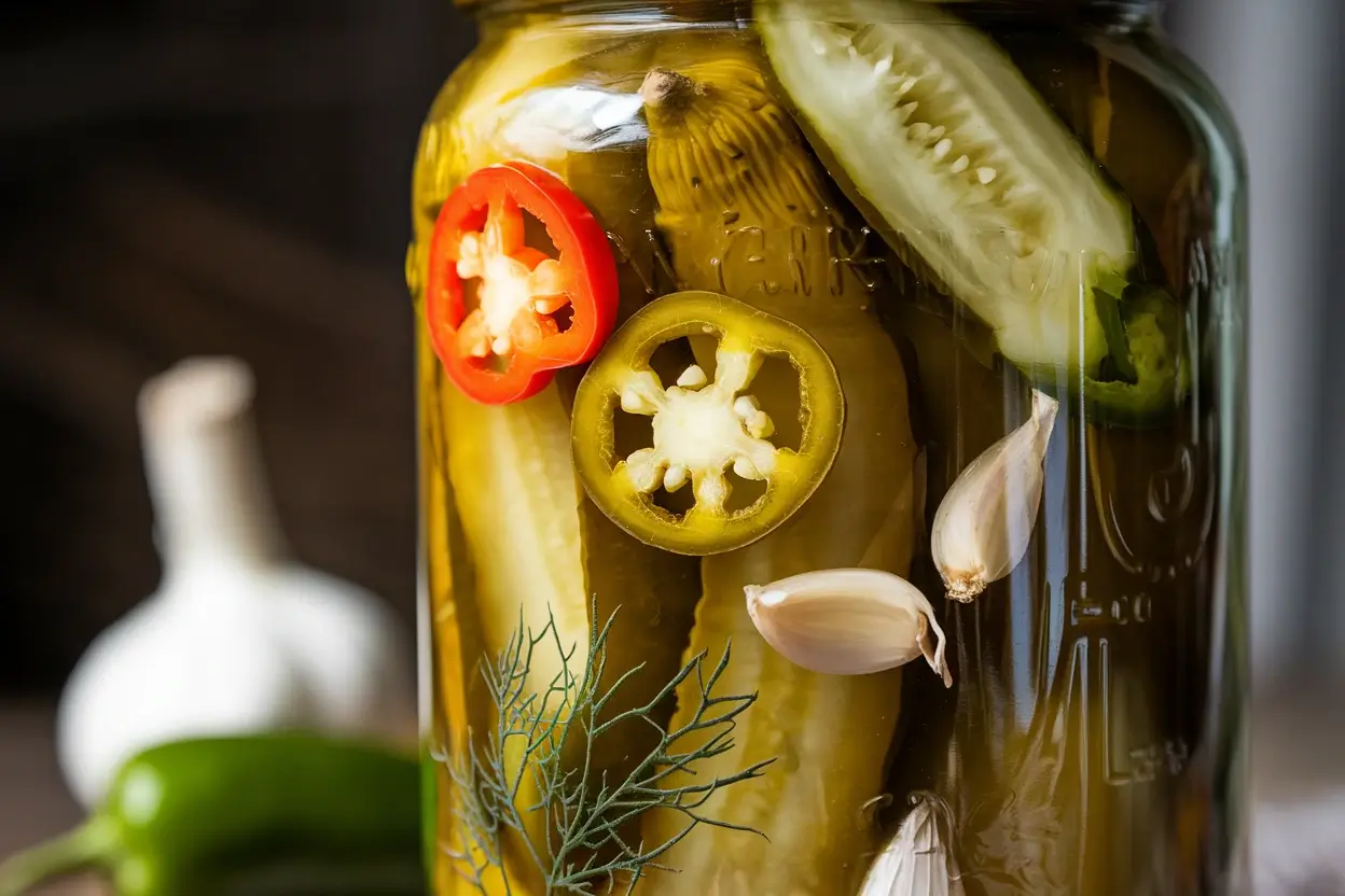 A close-up of store-bought pickles spicy in a glass jar with peppers and herbs