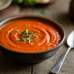 A bowl of Panera Creamy Tomato Soup with a smooth texture and vibrant tomato color