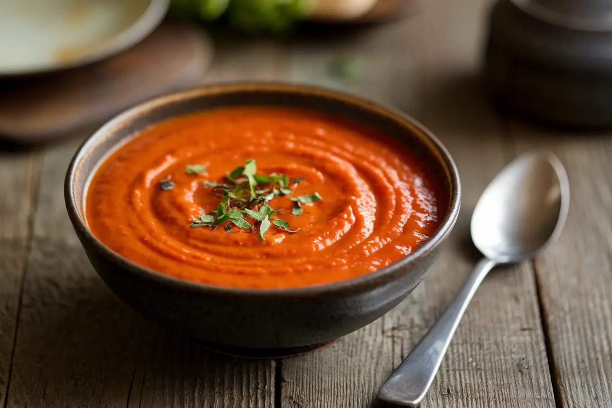 A bowl of Panera Creamy Tomato Soup with a smooth texture and vibrant tomato color