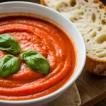 Final bowl of creamy tomato soup garnished with basil and served in a bowl