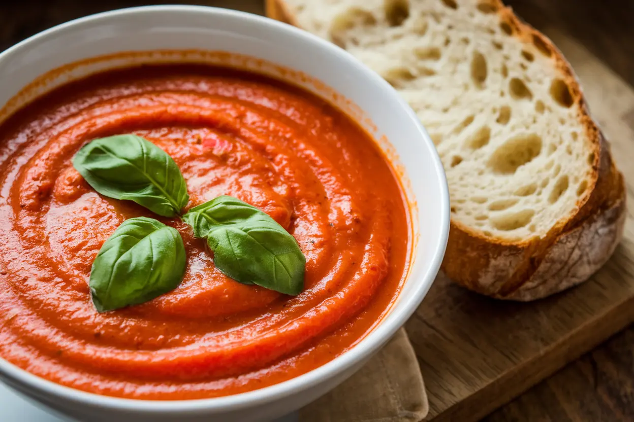 Final bowl of creamy tomato soup garnished with basil and served in a bowl