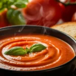 A bowl of creamy tomato soup with a garnish of fresh basil and bread on the side