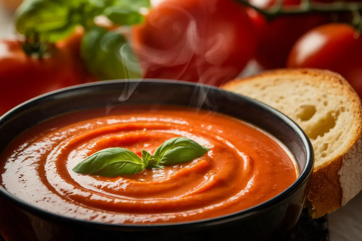 A bowl of creamy tomato soup with a garnish of fresh basil and bread on the side