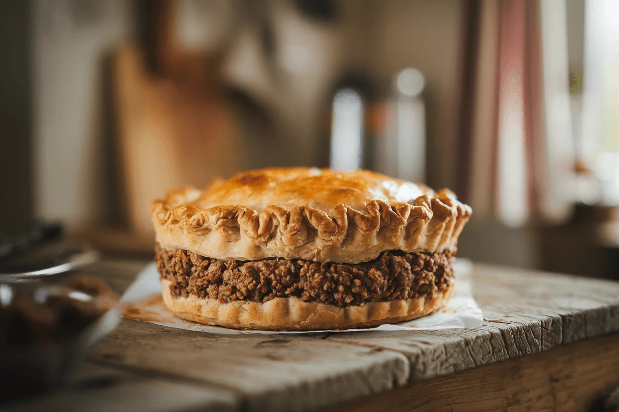 Final meat pie with a thick, hearty filling